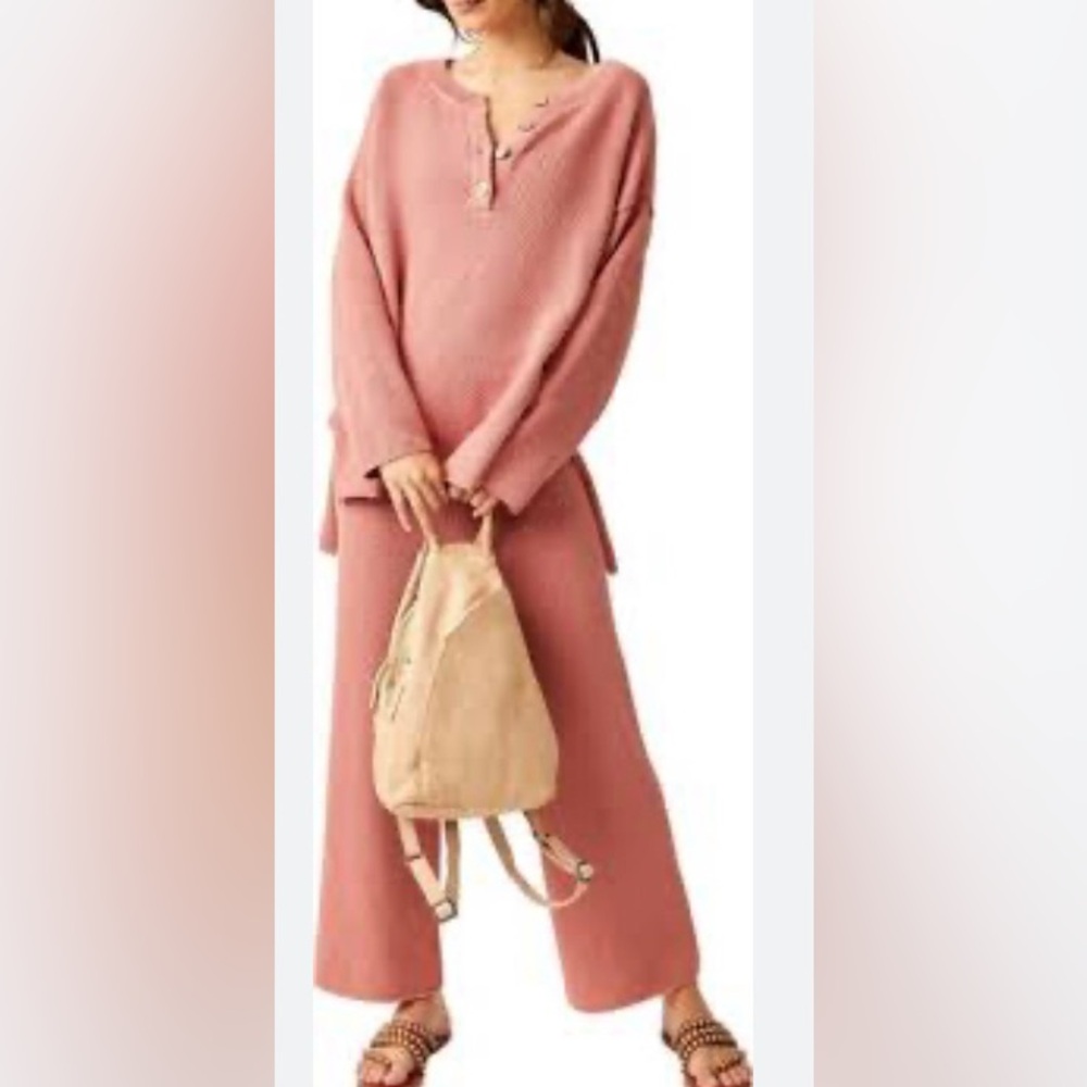 FREE PEOPLE Hailee Waffle Stitch Long Sleeve Top & Wide Leg Pants Knit Set NWOT